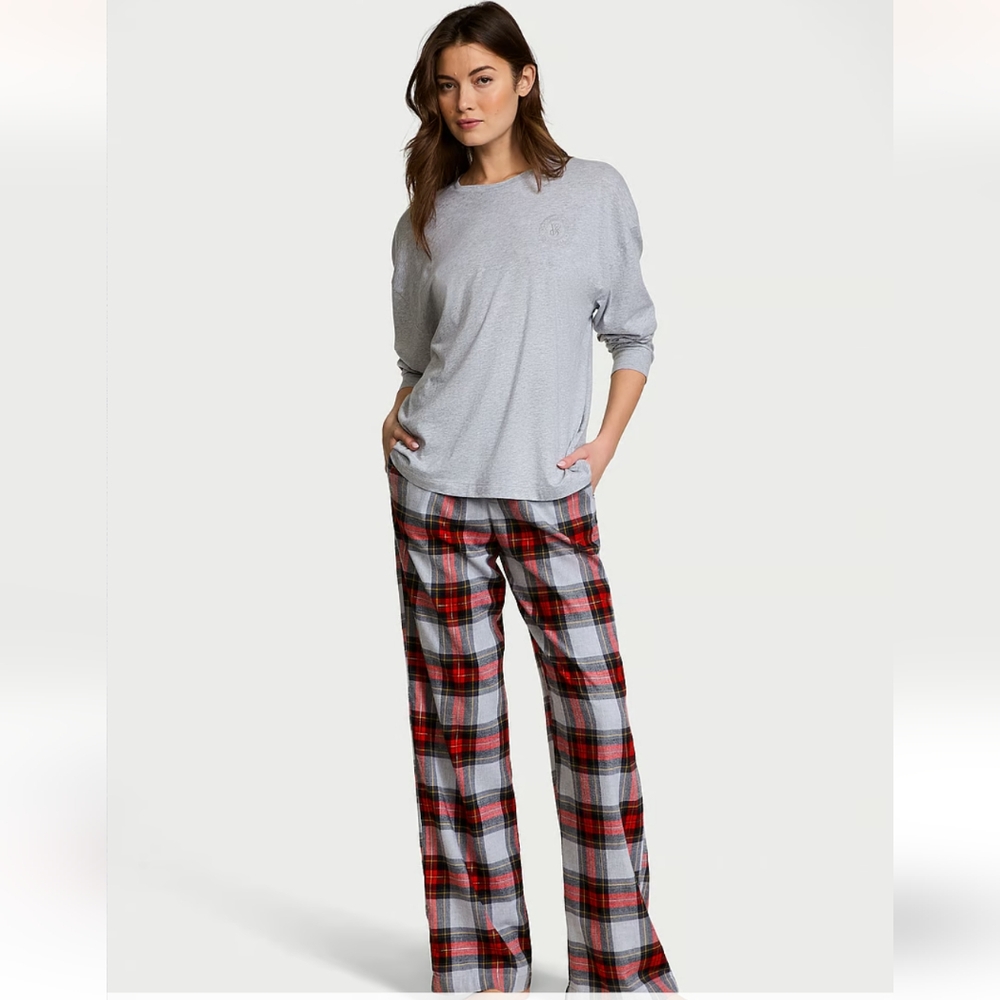 New Victoria secret Flannel Long-Sleeve Tee-Jama Set - Picture 1 of 5